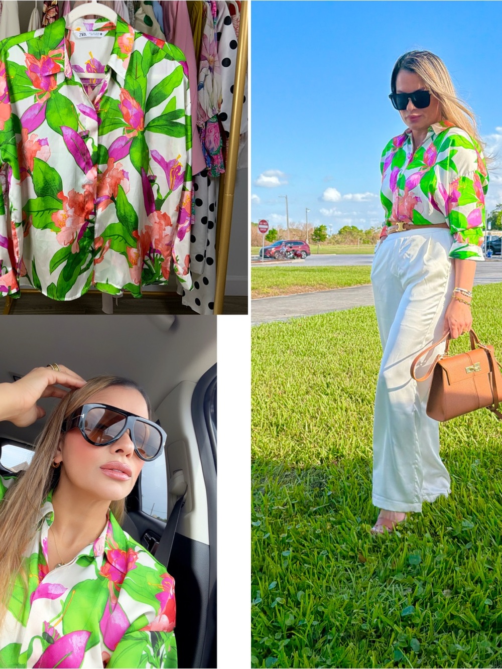 Zara White Button-Down Shirt with Pink & Green Floral Print